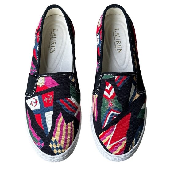Ralph Lauren Sneakers Jinny Nautical-Black Multicolor Logo Women’s Size 6.5 B - Picture 1 of 9